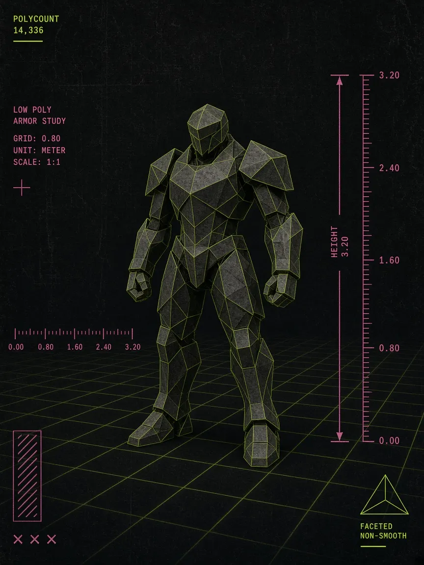 Figura low-poly en grid con medidas